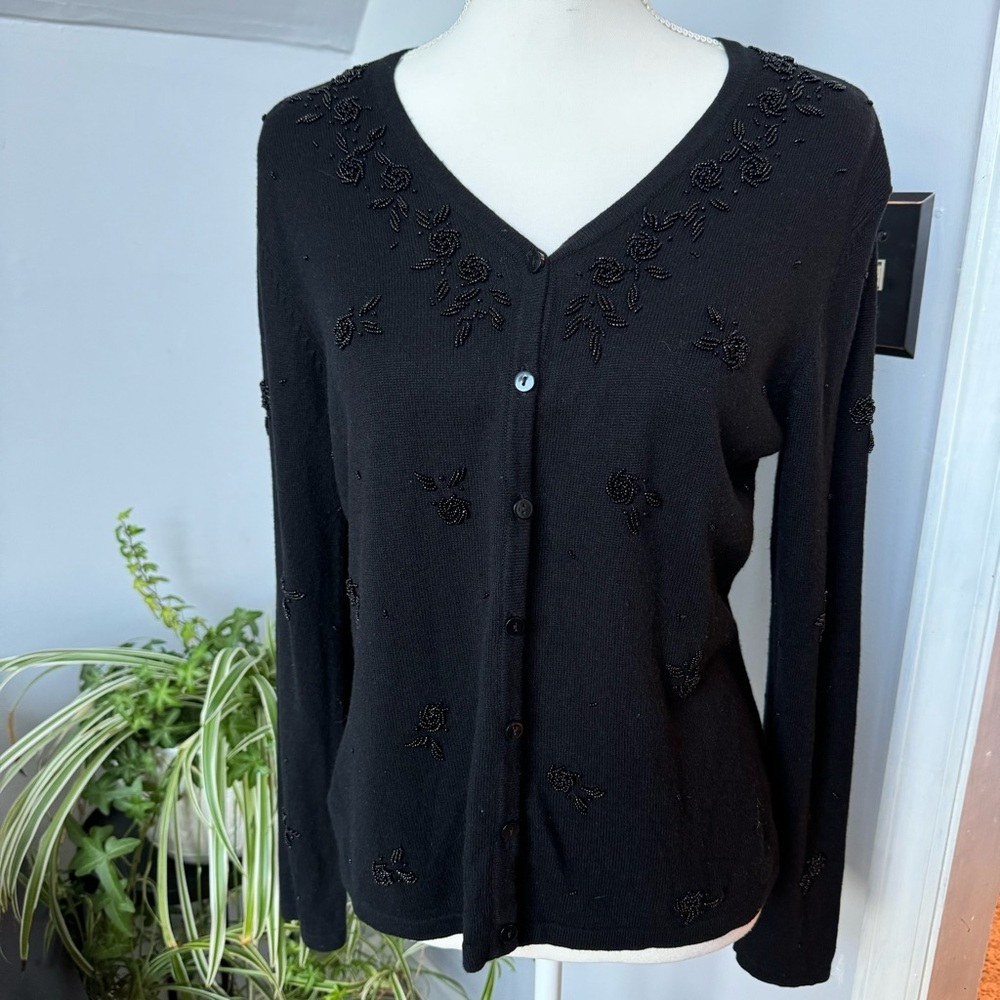 Talbots Silk & Cashmere Beaded Black Cardigan Medium Traditional Tradwife‎